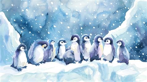 A Watercolor Painting Of Penguins Huddled Together In A Snowy Landscape