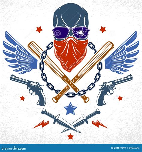 Gang Brutal Criminal Emblem Or Logo With Aggressive Skull Baseball Bats