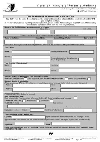 Dna Paternity Testing Application Form Victorian Institute Of