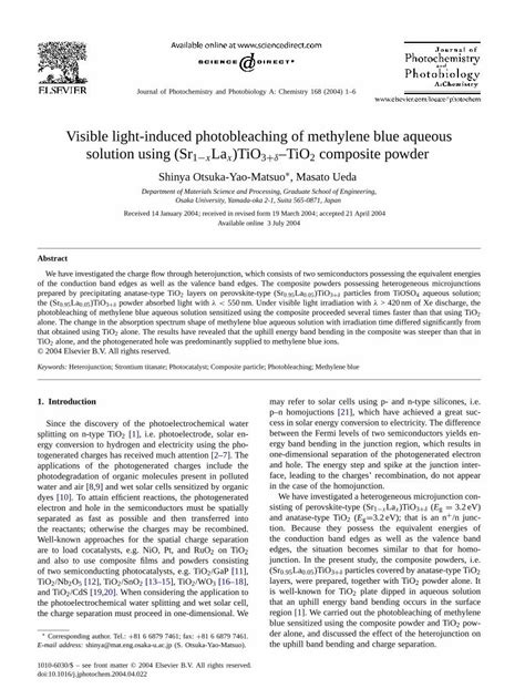 Pdf Visible Light Induced Photobleaching Of Methylene Blue Aqueous