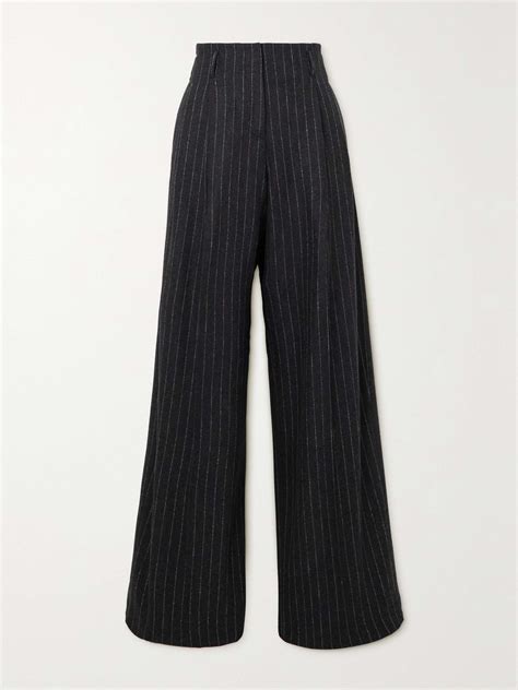 Golden Goose Journey Pinstriped Wool Blend Flannel Wide Leg Pants Net