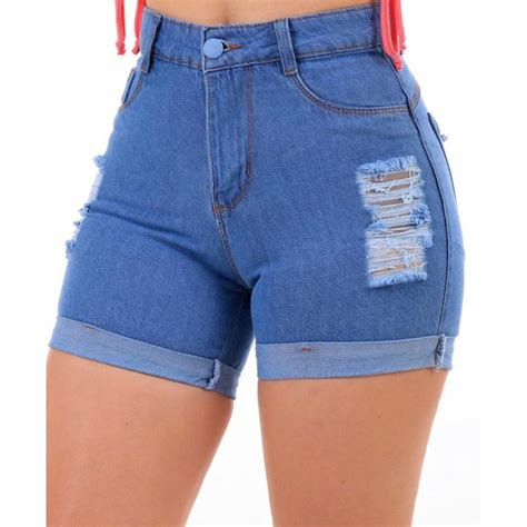 Short Jeans Feminino Cintura Alta Desfiado Levanta Bumbum No Shoptime