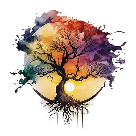 Watercolor Tree Of Life With Sunset Sublimation PNG Tree Of Life