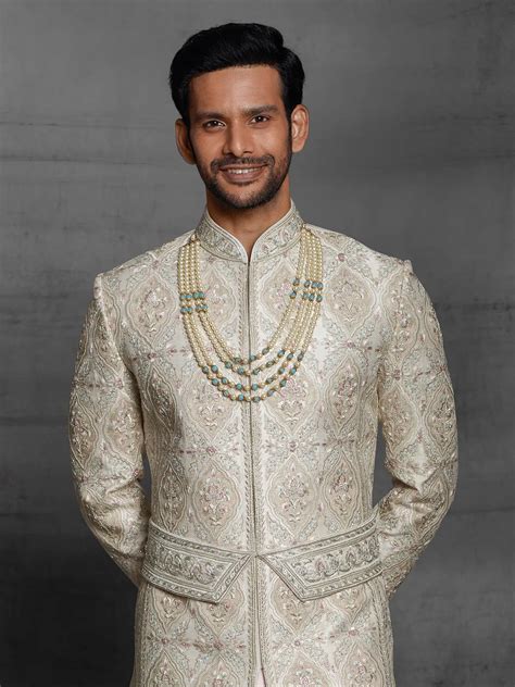 Dual Layer Silk Sherwani In Beige Color For Wedding