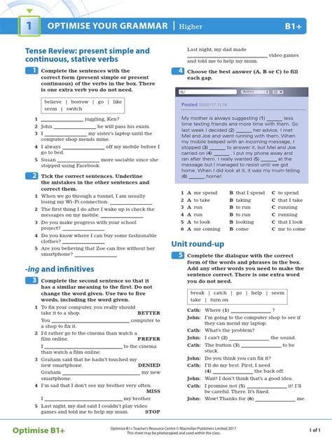 Optimise Your Grammar B1 Tense Review Present Simple And