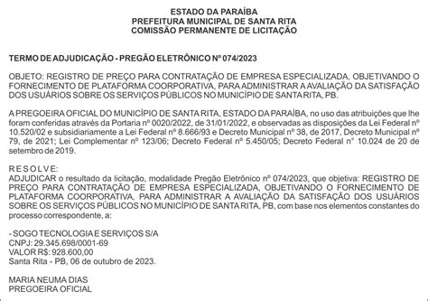 PREFEITURA MUNICIPAL DE SANTA RITA TERMO DE ADJUDICAÇÃO PREGÃO