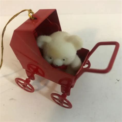 VINTAGE AVON FLOCKED Teddy Bear In A Red Metal Baby Buggy Christmas