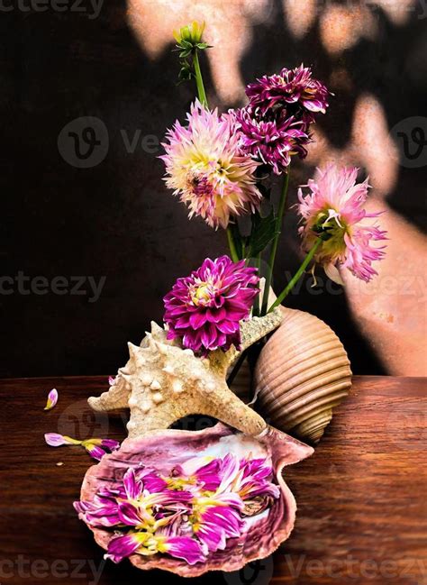 Romantic Bouquet With Dahlias And Sea Shells 17380390 Stock Photo At