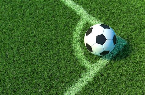 Pallone Da Calcio Sul Campo Con Erba Verde E Linea Bianca Sfondo