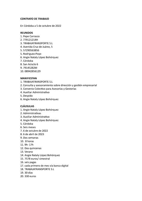 PRÁ Ctica 1 Contrato DE Trabajo CONTRATO DE TRABAJO En Córdoba a 5