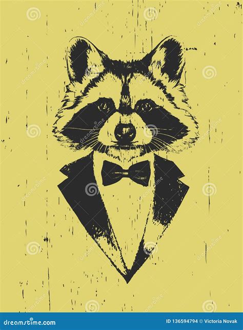 Portrait Of Raccoon In Suit Hand Drawn Illustration Vector Stock