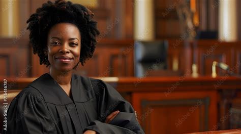 Portrait of a black female judge on duty against court atmosphere ...