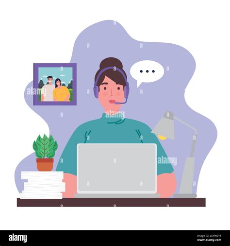 telework, agent female call center working from home Stock Vector Image ...