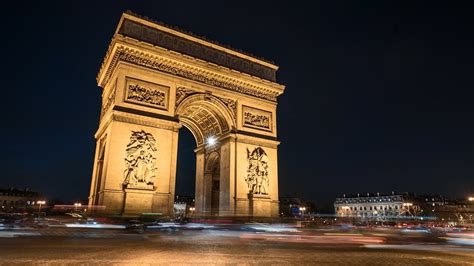 Arch Of Triumph By Night Timelapse Traffic Paris Royalty Free