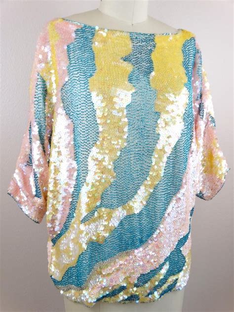 Iridescent Sequin Dolman Sleeve Top Ivory Pink And Blue Beaded