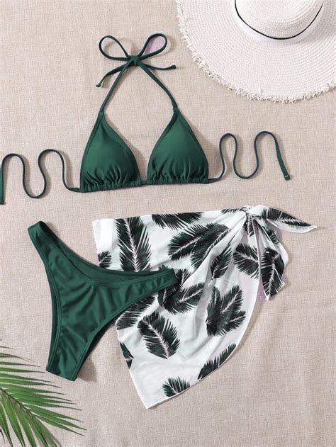 Conjunto de bikini con estampado de hojas Sujetador de triángulo halter