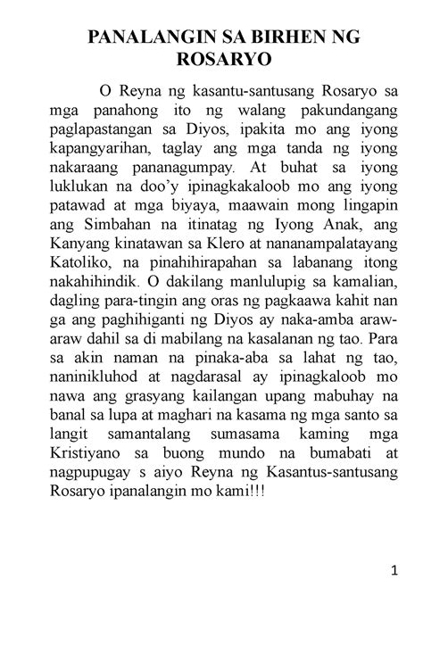 Ang Rosaryo Ng Mag Anak Rosary PANALANGIN SA BIRHEN NG ROSARYO O