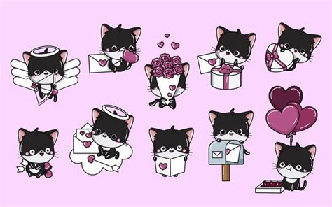 Premium Vector Set Of Cartoon Kawaii Cat Illustrations In Love Collection Of Cute Vector