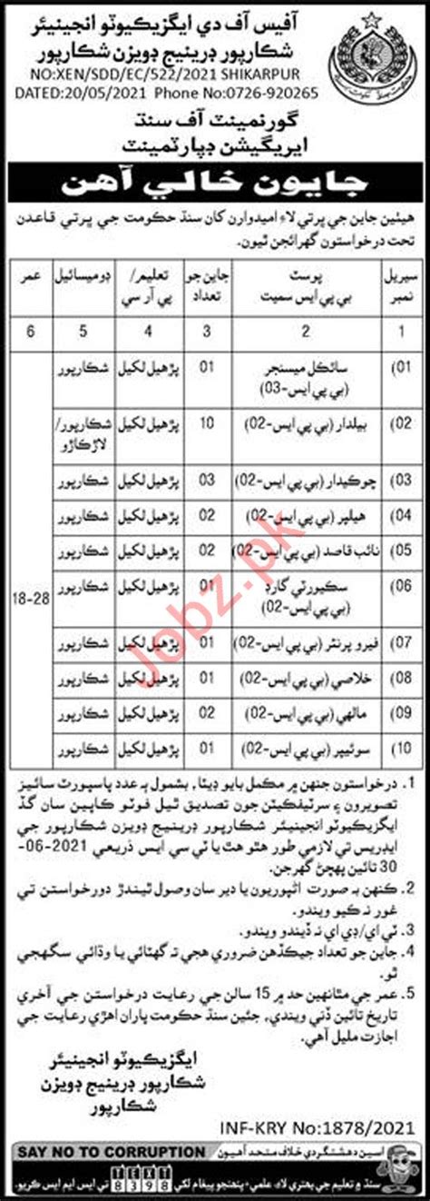 Irrigation Department Shikarpur Drainage Division Jobs 2021 2024 Job