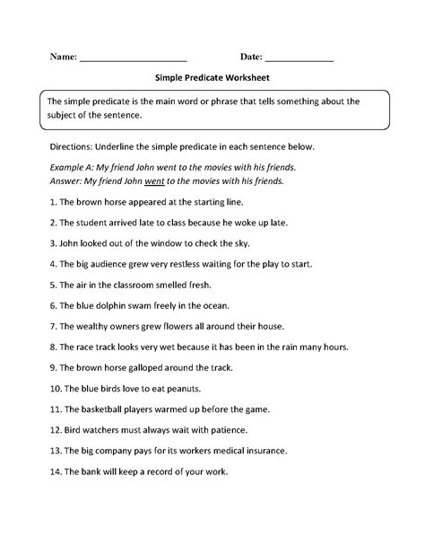 Simple Subject And Simple Predicate Worksheets