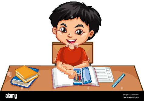 One happy boy doing homework on desk illustration Stock Vector Image & Art - Alamy