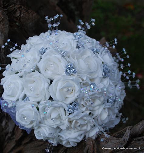 Sparkling Silver Brides Bouquet Of White Roses Wedding Boquet