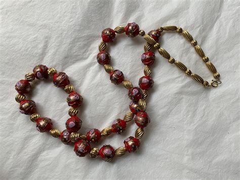 Vintage Murano Venetian Poured Glass Gold Leaf Wedding Cake Glass Bead Necklace