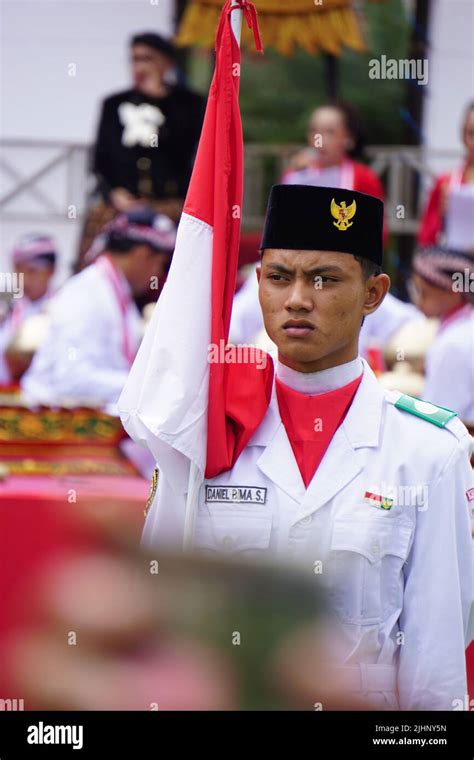 Paskibraka Indonesian Flag Raiser With National Flag During Grebeg