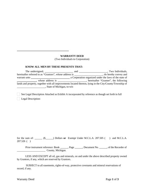 Warranty Deed From Two Individuals To Corporation Michigan Fill Out