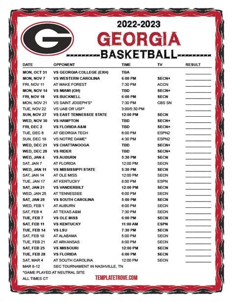 Printable 2022-2023 Georgia Bulldogs Basketball Schedule