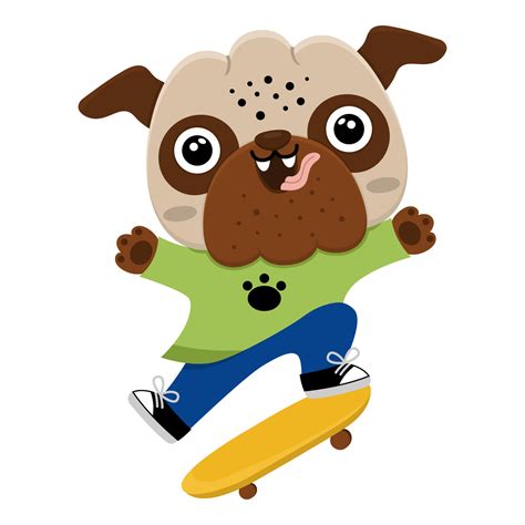 Vector cartoon pug. Anthropomorphic dog doing extreme sports. Funny ...