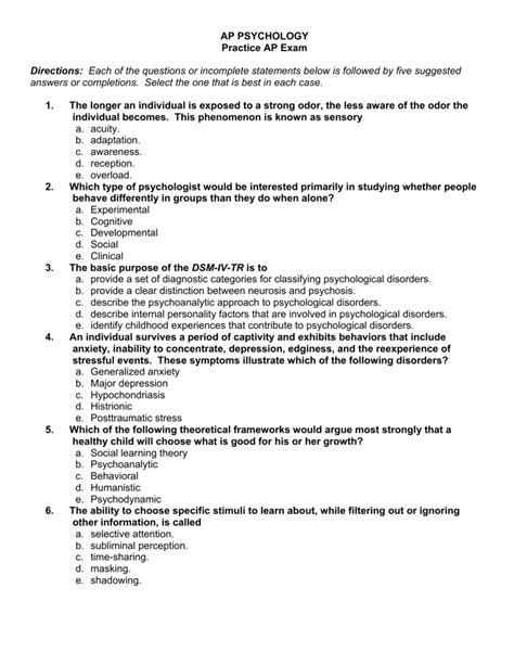 Ap Psychology Practice Ap Exam Directions Each Of The