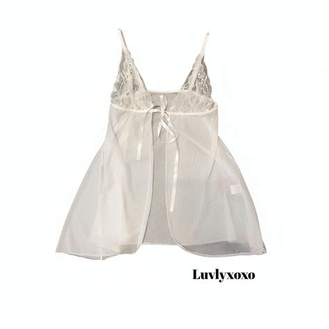 White Mesh Lingerie Dress Nightgown Lace Trim Depop