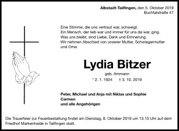 Traueranzeigen Von Lydia Bitzer Schwarzw Lder Bote Trauer