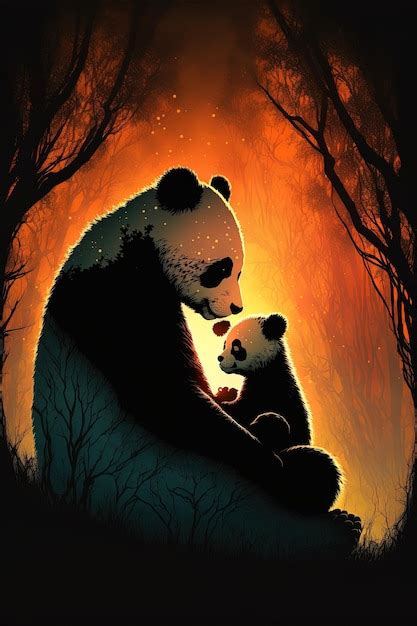 Panda madre y bebé en el bosque por la noche ilustración de arte