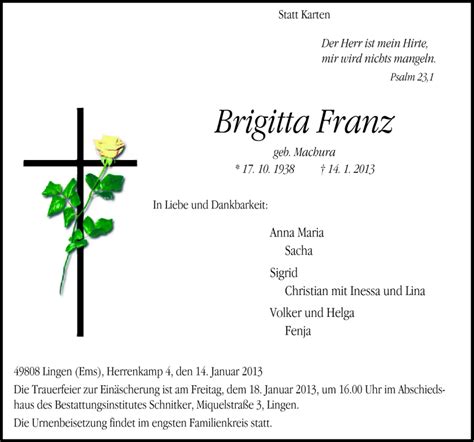 Traueranzeigen Von Brigitta Franz Noz Trauerportal