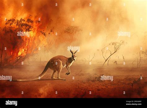 Un Canguro Se Encuentra En Primer Plano De Un Incendio Forestal Australiano Ilustrando Los