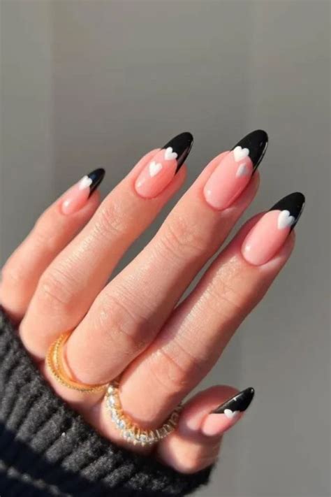 Black French Tips Almond Nails Stylish Nails Heart Nail Designs