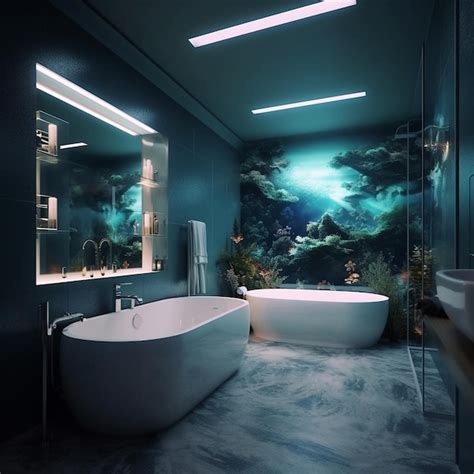 Premium AI Image | A bathroom with a large mural of a fish on the wall.