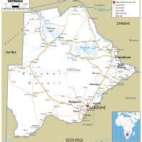 Grande mapa físico de Botswana con carreteras ciudades y aeropuertos