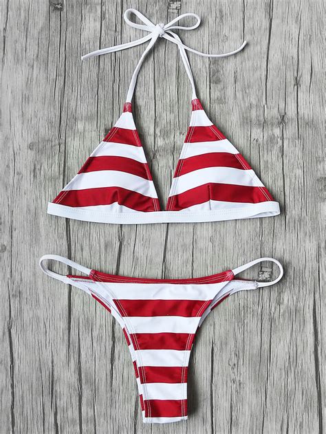 Striped Halter Neck Triangle Bikini Set Shein Sheinside