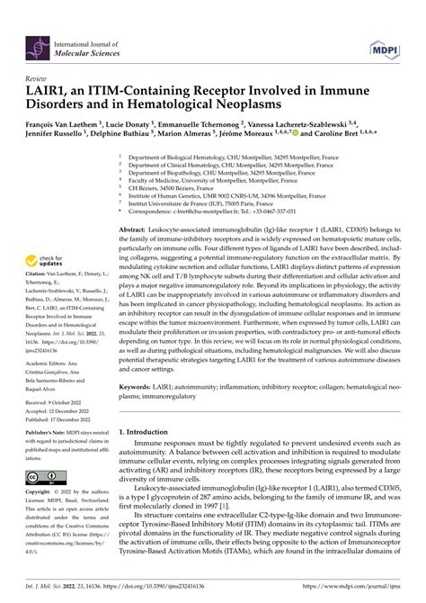 Pdf Lair1 An Itim Containing Receptor Involved In Immune Disorders