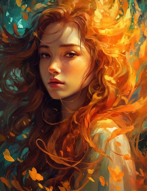 Premium AI Image A Painting Of A Woman With Orange Hair And Leaves On