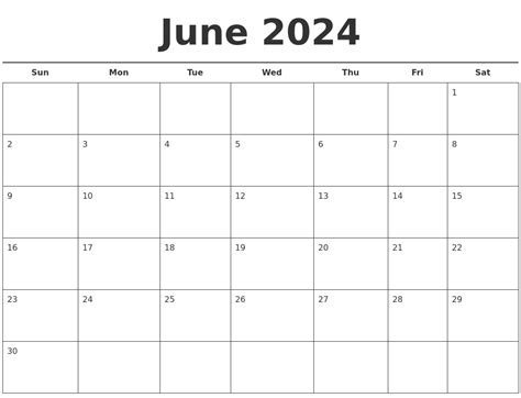 June 2024 Free Calendar Template