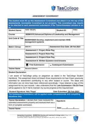 Bsbmgt V Assessment Cover Sheet Assessment Coversheet