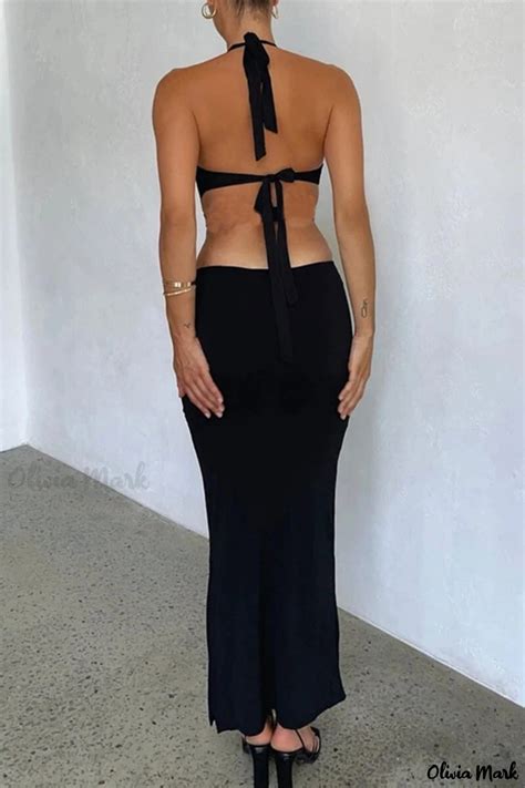 Olivia Mark Elegant Black Bandage Hollowed Out Backless Halter Long