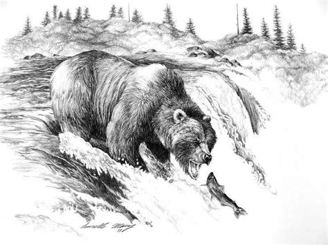 Grizzly Bear Fishing Limited Edition Print Signed Numbered Pencil