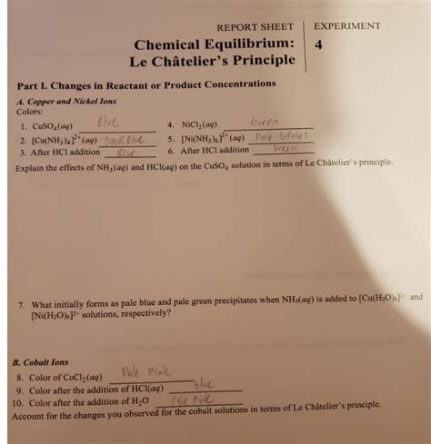 Solved Report Sheet Experiment Chemical Equilibrium Le Chegg