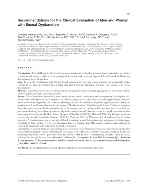 Pdf Recommendations For The Clinical Evaluation Of Men And Women With Sexual Dysfunction