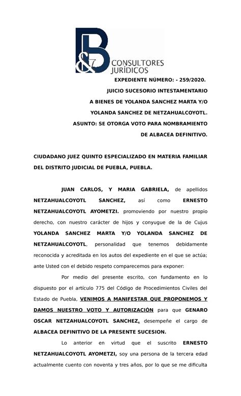 Otorgar Voto Para Nombramiento De Albacea Definitivo Netzahualcoyotl